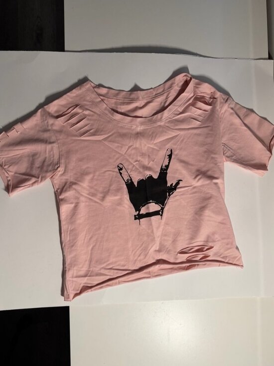 Tops - Pink Distressed Graphic Crop Top Rock Hand Print